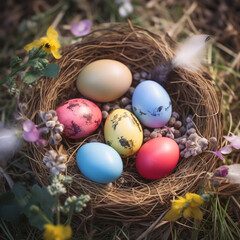 Easter eggs, in different colors, inside a nest made of tree branches, in the middle of the forest, top view.