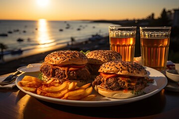 A hamburger with caramelized onion in a seaside coffee with yachts on the horizon., generative IA