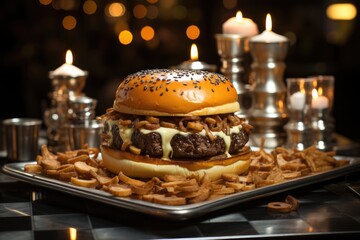 A hamburger with caramelized onion in a coffee with giant chess tables., generative IA