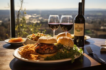 A hamburger with caramelized onion in a coffee overlooking a winery with vineyards., generative IA