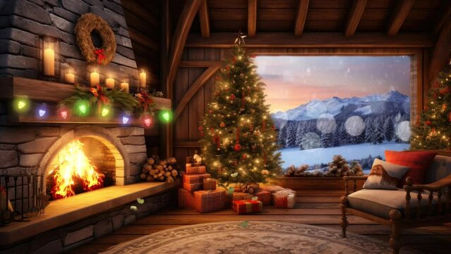 fireplace with christmas decorations. seamless looping time-lapse virtual video animation background.