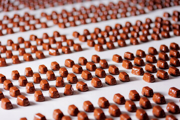Chocolate sweets candy factory, sweet on conveyor automatic line, top view. Modern manufacturing industry food