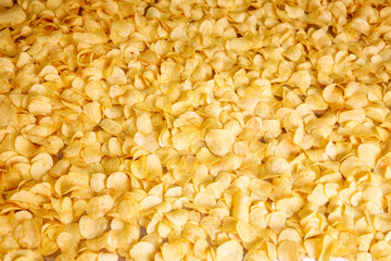 Food Texture of Fresh Crispy potato chips snack background, top view