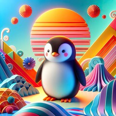 3D render of a penguin with colourful background. Ai Generated.