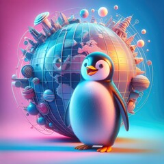 3D render of a penguin with colourful background. Ai Generated.