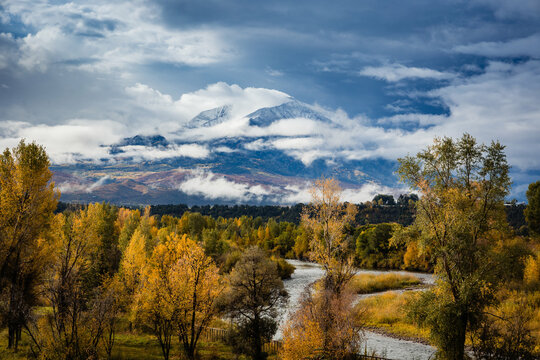 Cloudy Fall day in Carbondale with river and Mt. Sopris peak