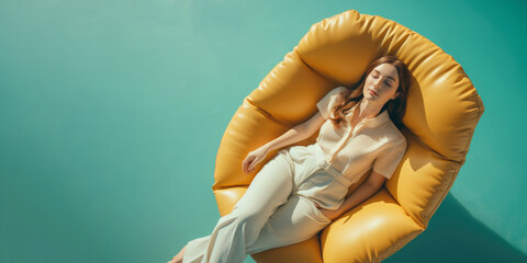 Beautiful young woman relaxing on yellow inflatable ring chair - obrazy, fototapety, plakaty