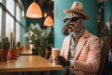Funny anthropomorphic zebra wearing sunglasses and a hat with a cup of coffee in his hand is sitting at a table in a cafe. - obrazy, fototapety, plakaty