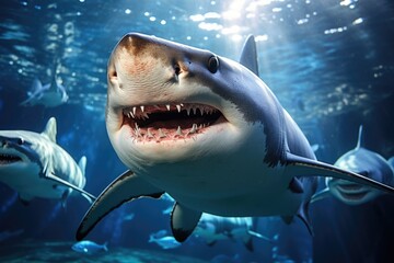 Naklejka premium Shark swimming in the water. Underwater world. 3d rendering