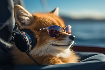 Cute satisfied fox in fancy sunglasses lies in a cozy chair and listens to music with headphones...
