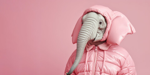 Portrait of a cute elephant in a pink hooded down jacket on a pink background with copy space. - obrazy, fototapety, plakaty
