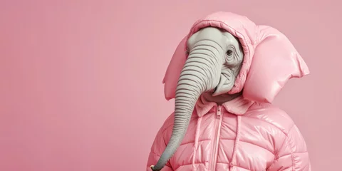 Foto op Aluminium Portrait of a cute elephant in a pink hooded down jacket on a pink background with copy space. © Владимир Солдатов
