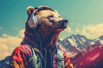 Bear with headphones on the background of the mountains. Toned.