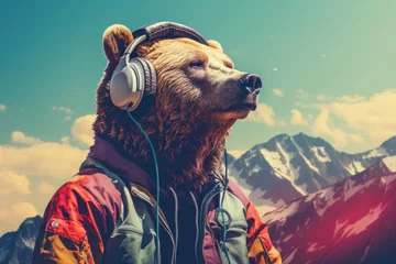 Keuken spatwand met foto Bear with headphones on the background of the mountains. Toned. © Владимир Солдатов