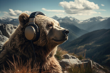 Portrait of a calm satisfied brown bear wearing black headphones against a mountainous landscape. - obrazy, fototapety, plakaty