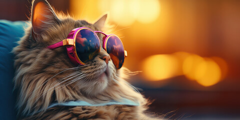 Portrait of a calm satisfied cat wearing mirrored salted glasses against a sunset or dawn...