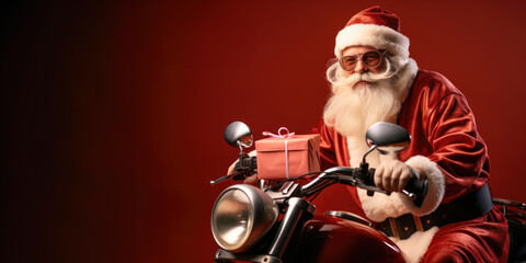 Retro portrait of Santa Claus sitting on a retro motorcycle with a Christmas gift on a red background with copy space. - obrazy, fototapety, plakaty