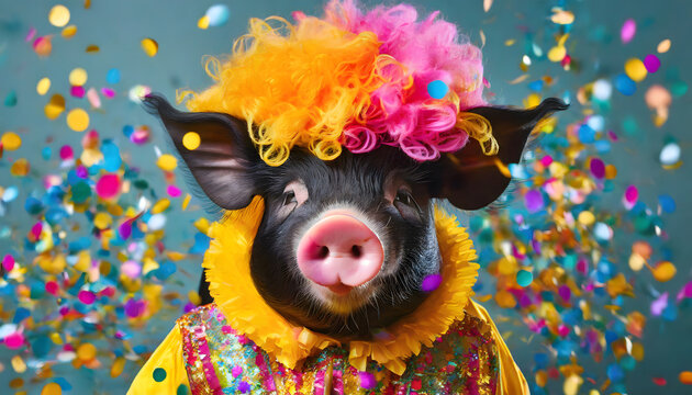 schwein, clown, karneval, close-up, kostüm, confetti, hintergrund, Perücke, fasching, konzept, copy space, gestalten