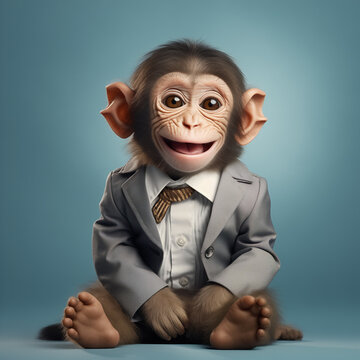 Portrait of a baby monkey in a grey suit.