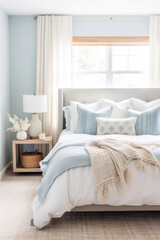 bright bedroom in soft blue with beige tones, minimalist gentle interior