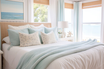 bright bedroom in soft blue with beige tones, large windows with a seascape outside