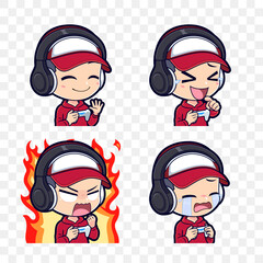 Gamer boy with baseball cap mascot logo sticker and badge isolated on white background