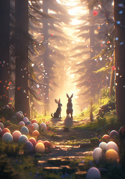Two very cute Easter bunny in the middle of the forest with colorful Easter eggs all around him. Cartoon design illustration concept.