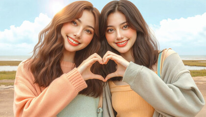 Two Young women make shape heart their hands, simbol campain to stop gender discrimination. Concept for international Women's day.