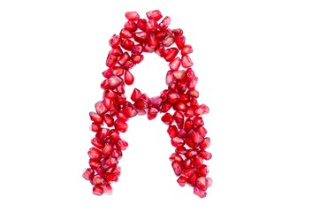 A English Alphabet Capital Letter Written with Pomegranate Seeds Isolated on White Background