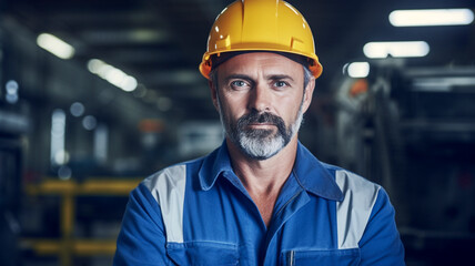 Engineer senior man wearing uniform and safety hard hat on factory. Industry, Engineer, Construction concept.