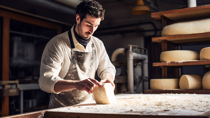 Man cheesemaker in the cellar, beautiful wooden shelves with a ready cheese circle, ripening. Cheese production, home basement, indoor. 