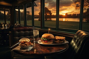 A hamburger with caramelized onion in a restaurant overlooking a golf course., generative IA