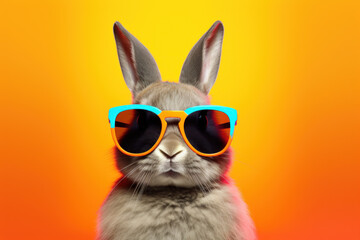 Bunny with sunglasses on colorful background.