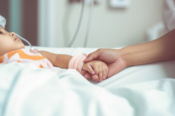 Obraz na płótnie Canvas Mother hand holding child hand who have IV solution in the hospital with love and care