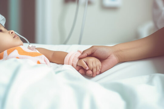 Mother hand holding child hand who have IV solution in the hospital with love and care