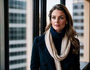 photo of beautiful woman with navy coat and scarf standing at balcony residence living room, generative AI