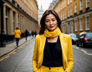 Fototapeta premium photo of beautiful asian woman with yellow suit and scarf standing at street and bridge in the morning, generative AI