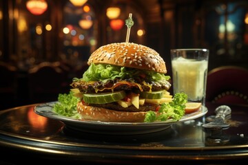 A hamburger with guacamole in a Parisian coffee with accordion music., generative IA - obrazy, fototapety, plakaty
