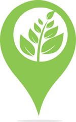 Tree with pin point logo design. Garden location vector logo design.