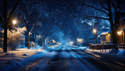 Winter Night scene in town. Snowfall Illuminated by Street Lights