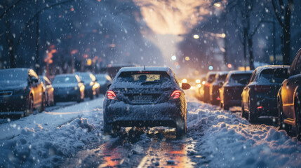 Dusk traffic jam on an Urban Street. Cars lined up along wet snowy street - obrazy, fototapety, plakaty