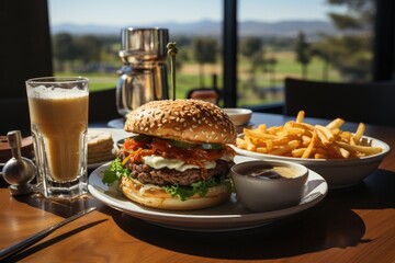 A hamburger with Jalapeños in a coffee overlooking a golf course with players., generative IA - obrazy, fototapety, plakaty