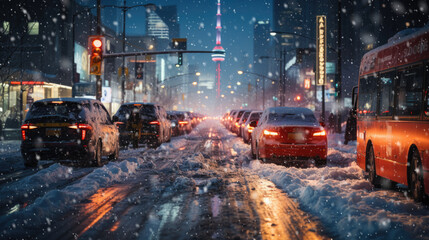 Evening winter scene in snowy city afetr heavy snowfall. Snow-covered Transports Moving Through City Streets - obrazy, fototapety, plakaty