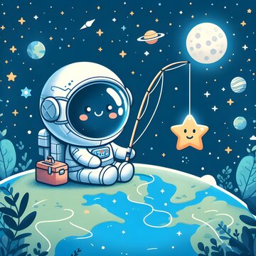 Astronauta Pescando Estrelas no Espaço
