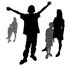 A little boy in a T-shirt and jeans stands with his arms outstretched to the sides and up, a woman stands next to a boy in a baseball cap. Vector silhouettes on white background