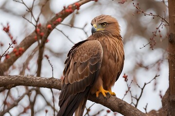 Black kite, Milvus migrans, sitting on the tree during winter in Japan.