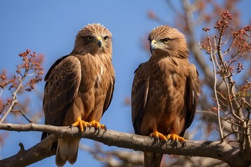 Black kite, Milvus migrans, sitting on the tree during winter in Japan.