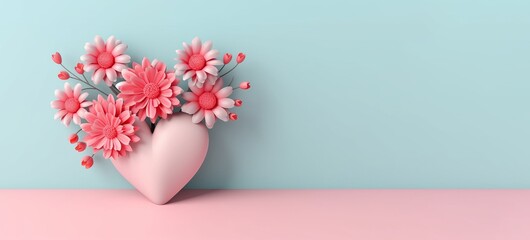 Women Day or Valentine day flowers composition with heart on pastel background