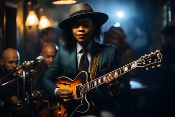 Obraz premium A stylish musician creates melodies in a jazz bar ambiance.
