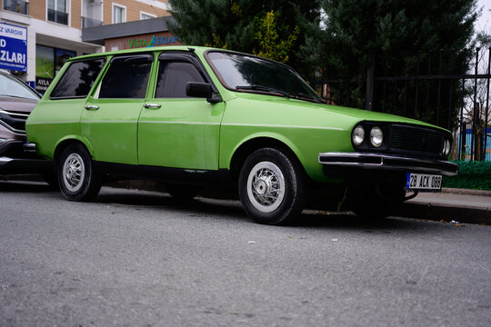 Istanbul, Turkey. December 15 2023. Green renault 12. Model 1986 dacia renault.